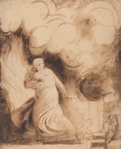 A Mother with Her Child in Her Arms Flying upon the Ramparts of a City in Flames by George Romney